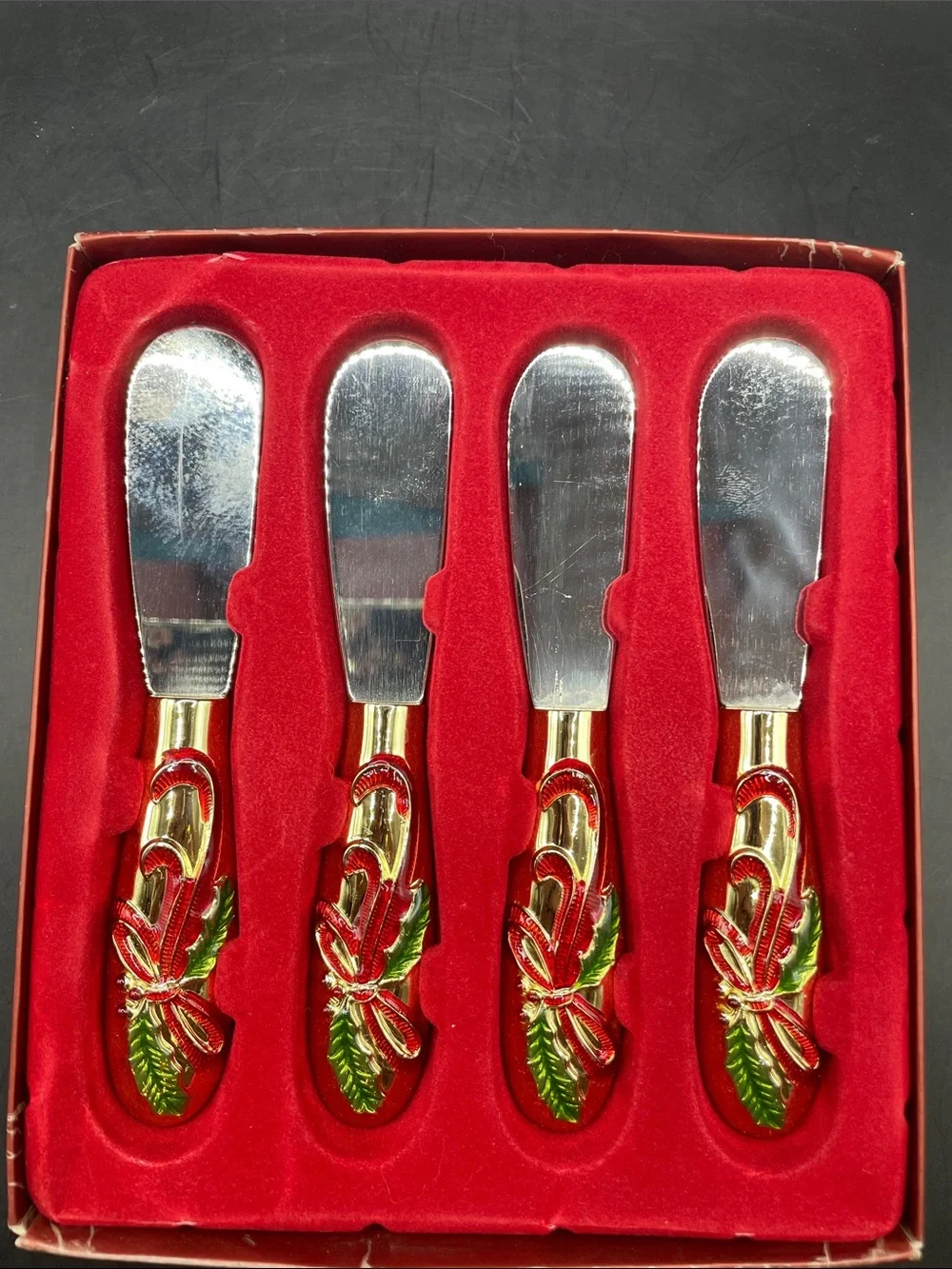 Retired Lenox Holiday Nouveau Cheese Spreaders Set of 4 in Original Box, Brass